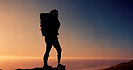 Outdoor, backpacker and woman on mountain for adventure, mockup space and hiking with prosthetic leg. Sky, sunset and person with disability in nature, silhouette and trekking on holiday and explore