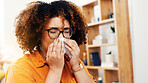 Blowing nose, tissue and sick with woman in home for flu season, pneumonia infection and illness. Hayfever, sneeze and allergy with person in living room in house for recovery, disease and cold