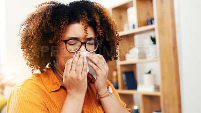 Buy stock photo Blowing nose, tissue and sick with woman in home for flu season, pneumonia infection and illness. Hayfever, sneeze and allergy with person in living room in house for recovery, disease and cold