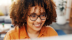 Happy, remote work and woman with glasses on laptop for planning, proofreading and copywriting career. Creative, freelancer and person with ideas for article, feedback and editing for publishing job
