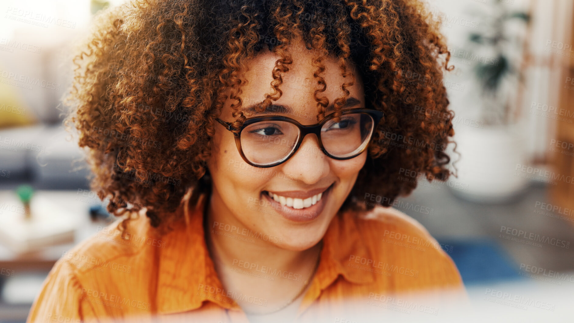 Buy stock photo Happy, remote work and woman with glasses on laptop for planning, proofreading and copywriting career. Creative, freelancer and person with ideas for article, feedback and editing for publishing job