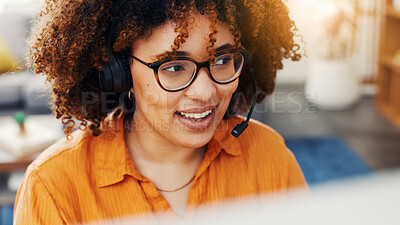 Buy stock photo Remote worker, microphone and online with woman in home office for virtual assistant, contact and crm. Freelancer, technical support and communication with person in house for advisory and help line