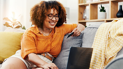 Buy stock photo Laptop, credit card and ecommerce with woman on sofa in home for fintech, online shopping and smile. Digital purchase, banking transfer and savings with person in living room of apartment for eft