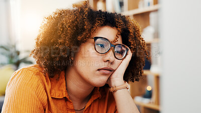 Buy stock photo Bored, remote work and woman with glasses on computer for planning, proofreading and copywriting career. Creative, freelancer and person with fatigue for article, research and editing for publishing