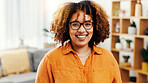 Smile, glasses and portrait of woman in home for peace, confidence and wellness. Happiness, pride and weekend break with female person in living room of apartment for calm, free time and rest