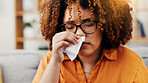 Blowing nose, tissue and allergy with woman in home for flu season, pneumonia infection and illness. Hayfever, sneeze and allergy with person in living room in house for recovery, sick and cold