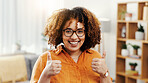 Thumbs up, smile and portrait of woman in home for thank you, feedback and promotion. Happiness, success and winner gesture with female person in living room of house for celebration and achievement