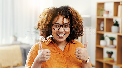 Buy stock photo Thumbs up, smile and portrait of woman in home for thank you, feedback and promotion. Happiness, success and winner gesture with female person in living room of house for celebration and achievement