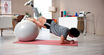 Legs, physiotherapy and woman with ball in clinic for healthcare and exercise. Physical therapy, recovery or rehabilitation for person with a disability with muscle, balance or treatment for injury