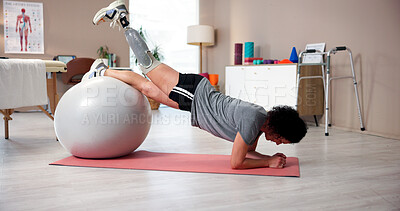 Buy stock photo Prosthetic legs, physiotherapy and woman with ball in clinic for healthcare or exercise. Therapy, recovery or rehabilitation for person with a disability with muscle, balance or treatment for injury
