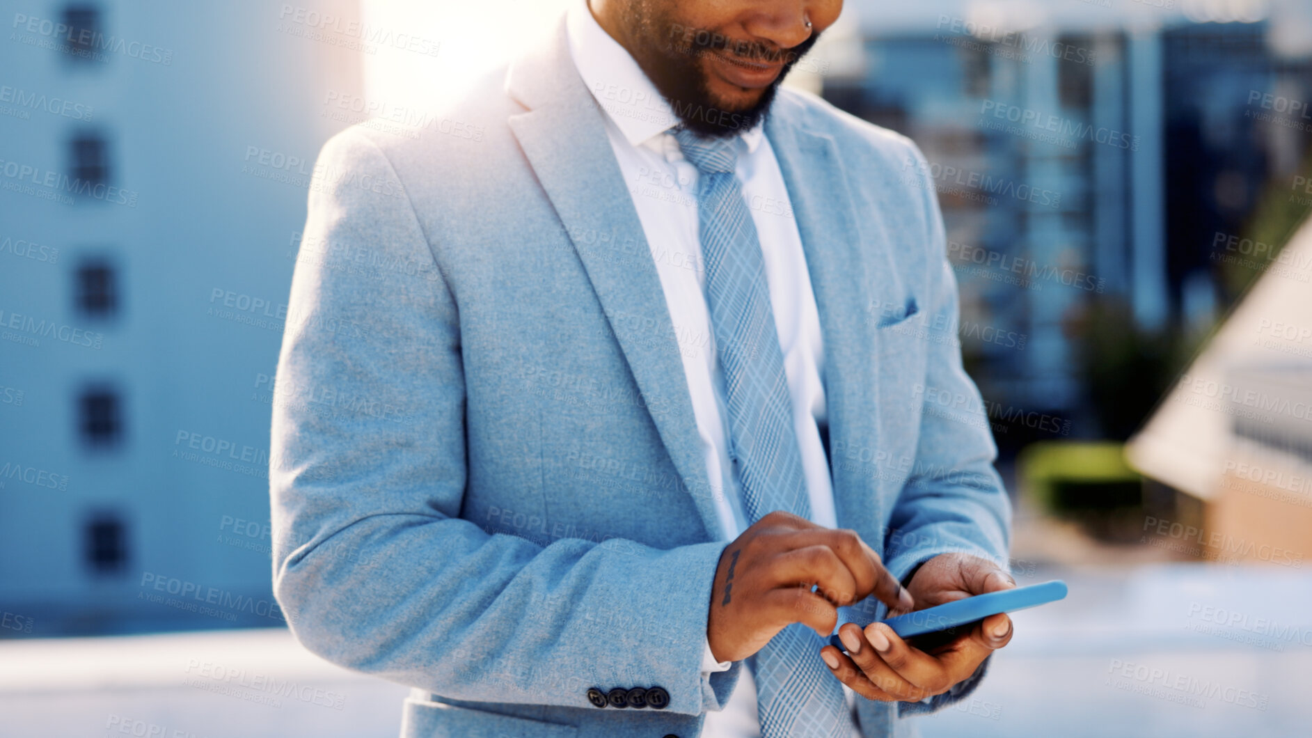 Buy stock photo Phone, typing and hands of business man in city for contact, client feedback and online financial advisor. Communication, broker app and connection with person and mobile outdoor for chat and texting