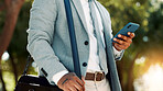 Phone, search and hands of business man in city for contact, client feedback and online financial advisor. Communication, broker app and connection with person and mobile outdoor for chat and texting