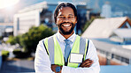 Happy, black man or portrait of architect with confidence on city rooftop for building development. Male person, civil engineer or smile with arms crossed for architecture or construction in town
