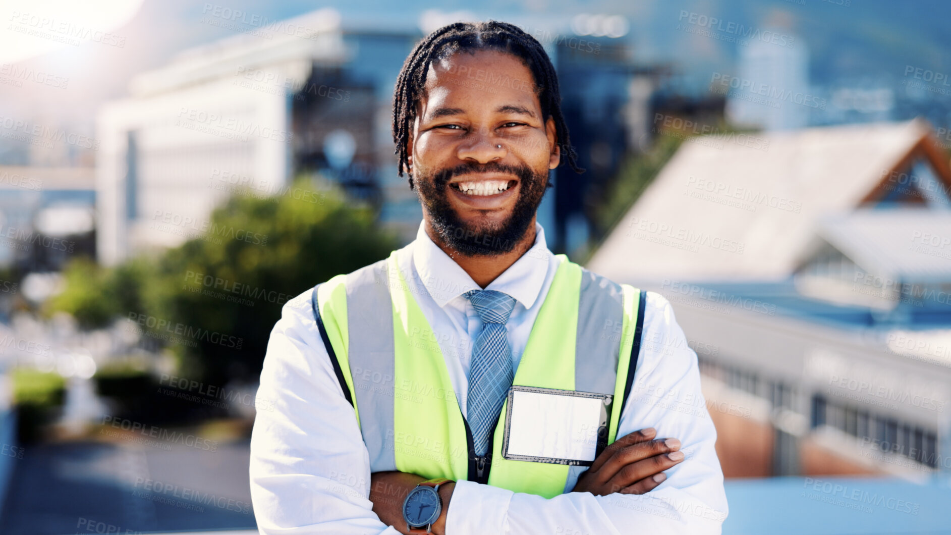 Buy stock photo Happy, black man or portrait of architect with confidence on city rooftop for building development. Male person, civil engineer or smile with arms crossed for architecture or construction in town