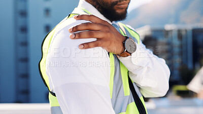 Buy stock photo Man, architect and shoulder pain with injury in city for building accident, mistake or strain. Male person, hand or civil engineer with sore arm, ache or discomfort for muscle tension or fibromyalgia