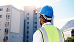 Man, architect or thinking with vision in city for real estate development, building or construction. Male person, contractor or thoughtful civil engineer with ambition for architecture in urban town
