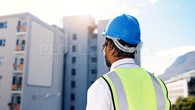 Buy stock photo Man, architect or thinking with vision in city for real estate development, building or construction. Male person, contractor or thoughtful civil engineer with ambition for architecture in urban town