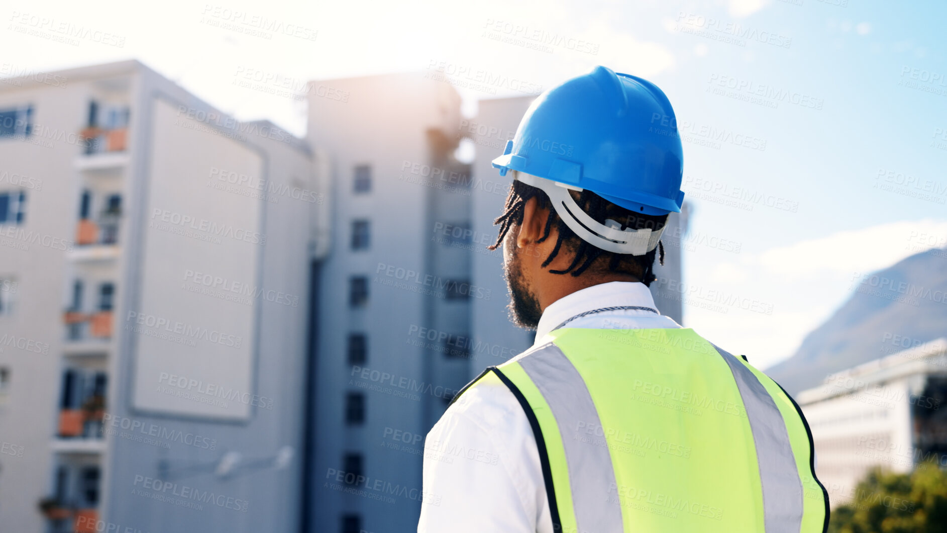 Buy stock photo Man, architect or thinking with vision in city for real estate development, building or construction. Male person, contractor or thoughtful civil engineer with ambition for architecture in urban town