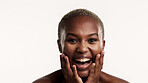 Portrait, excited and black woman in studio with skincare, confidence or wow for antiaging benefits. Happy, female person and satisfaction for dermatology results, beauty or space on white background