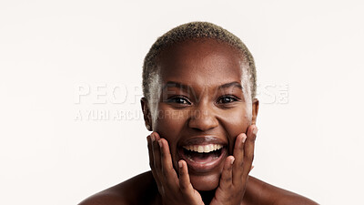 Buy stock photo Portrait, excited and black woman in studio with skincare, confidence or wow for antiaging benefits. Happy, female person and satisfaction for dermatology results, beauty or space on white background