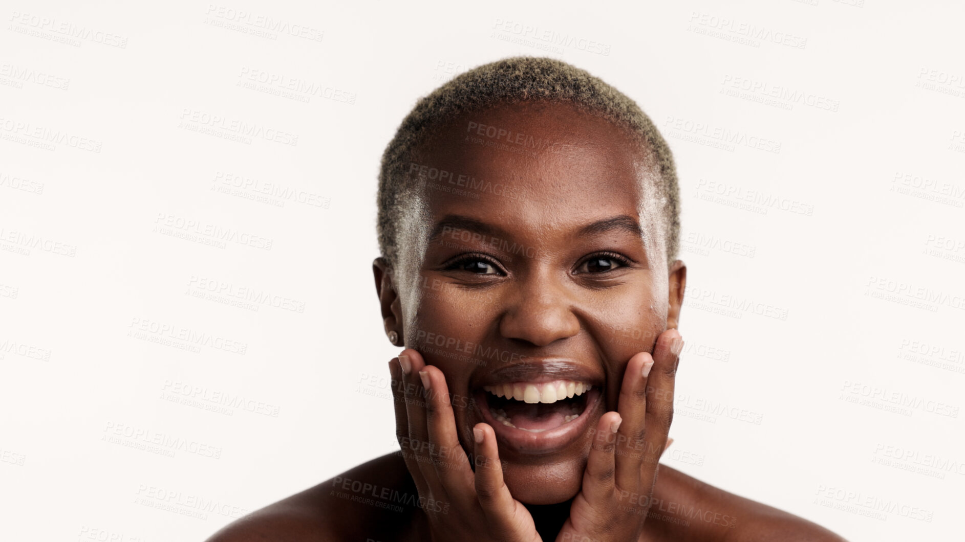 Buy stock photo Portrait, excited and black woman in studio with skincare, confidence or wow for antiaging benefits. Happy, female person and satisfaction for dermatology results, beauty or space on white background