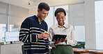 Happy, team and business people with tablet for project, creative and marketing research on website. Reading, online and colleagues with tech for ad campaign, collaboration and smile for assignment