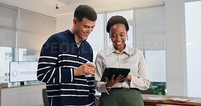 Buy stock photo Happy, team and business people with tablet for project, creative and marketing research on website. Reading, online and colleagues with tech for ad campaign, collaboration and smile for assignment