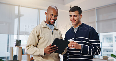 Buy stock photo Creative, businessmen and happy with tablet in office, collaboration and market research on website. Colleagues, discussion and people with tech for campaign, teamwork and performance review with app