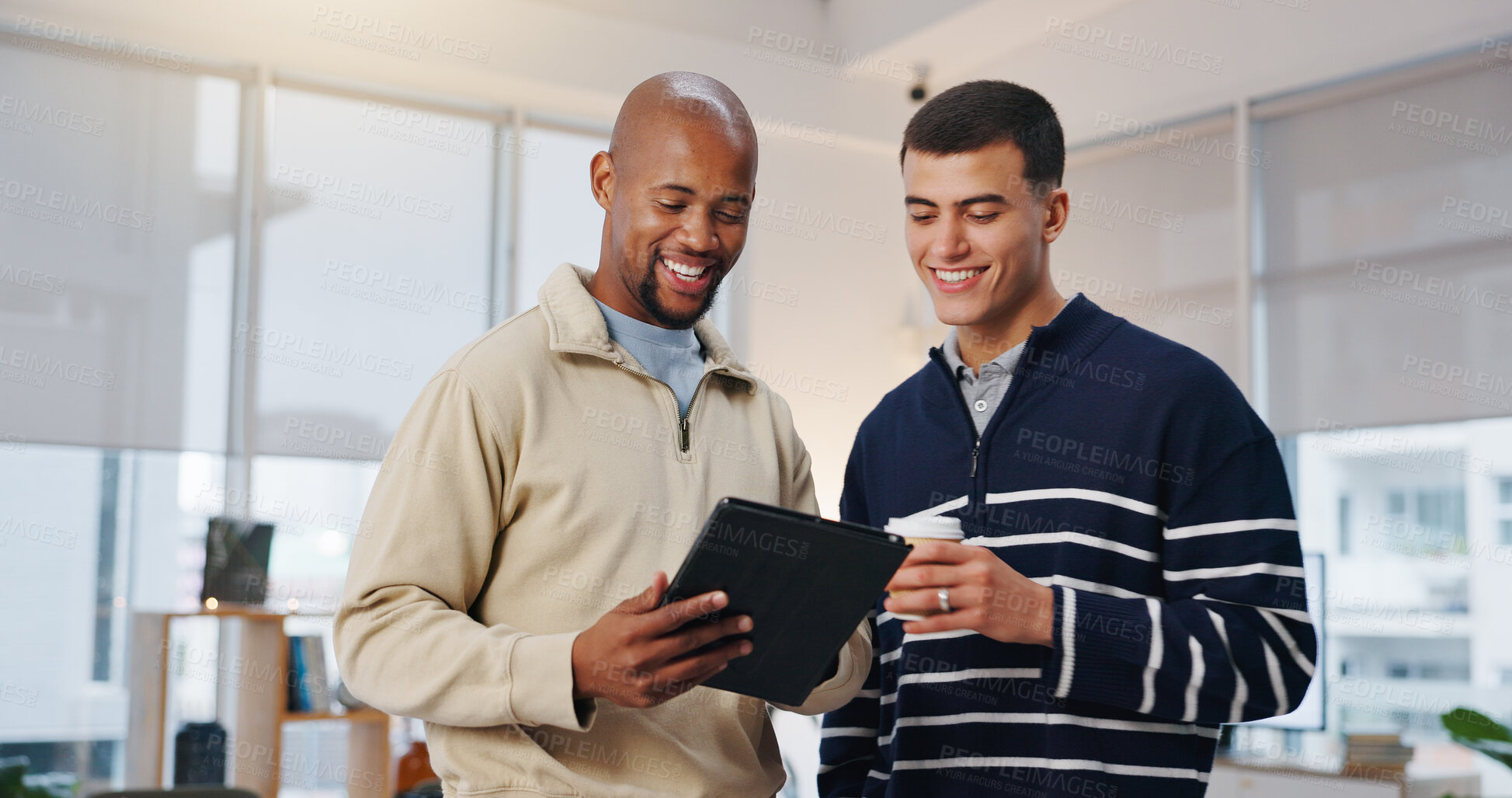 Buy stock photo Creative, businessmen and happy with tablet in office, collaboration and market research on website. Colleagues, discussion and people with tech for campaign, teamwork and performance review with app