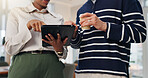 People, hands and meeting in office with tablet, coffee or collaboration for public relations agency. Coworkers, discussion or research in workplace with digital tech, press release idea or teamwork.