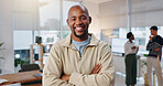 Smile, crossed arms and portrait of businessman in office with confidence for creative career. Happy, job opportunity and male magazine editor with pride for about us at startup company in workplace.