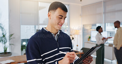Buy stock photo Man, stylus and tablet for media agency, smile and approval for online news report. Person, copywriting and journalist in workplace, success and email for magazine column, company blog and happiness