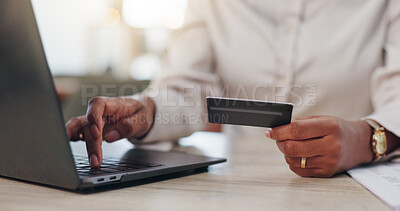 Buy stock photo Person, hands and laptop with credit card in office for online shopping, payment or banking. Employee, shopper or computer with debit for ecommerce app, wireless transaction or fintech in workplace