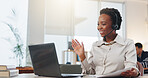 Headset, video call and businesswoman with laptop in office for communication, online meeting or contact. Happy, technology and female person greeting on virtual discussion with computer in workplace