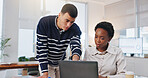Business people, meeting and creative with laptop in office, collaboration or market research on web. Colleagues, man and woman with tech for campaign, performance review and team with ad results