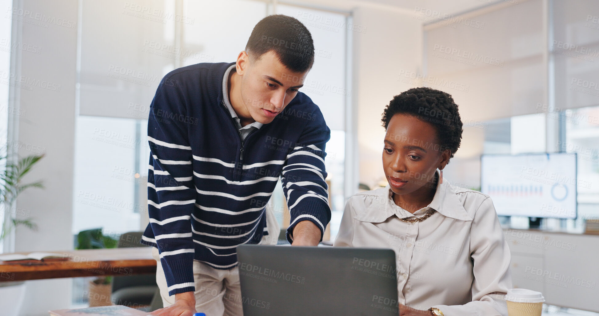 Buy stock photo Business people, meeting and creative with laptop in office, collaboration or market research on web. Colleagues, man and woman with tech for campaign, performance review and team with ad results