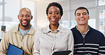 Creative, portrait and group with tablet in office, laugh and confident for marketing collaboration. Advertising, teamwork and happy people with pride, together and colleagues with tech in company
