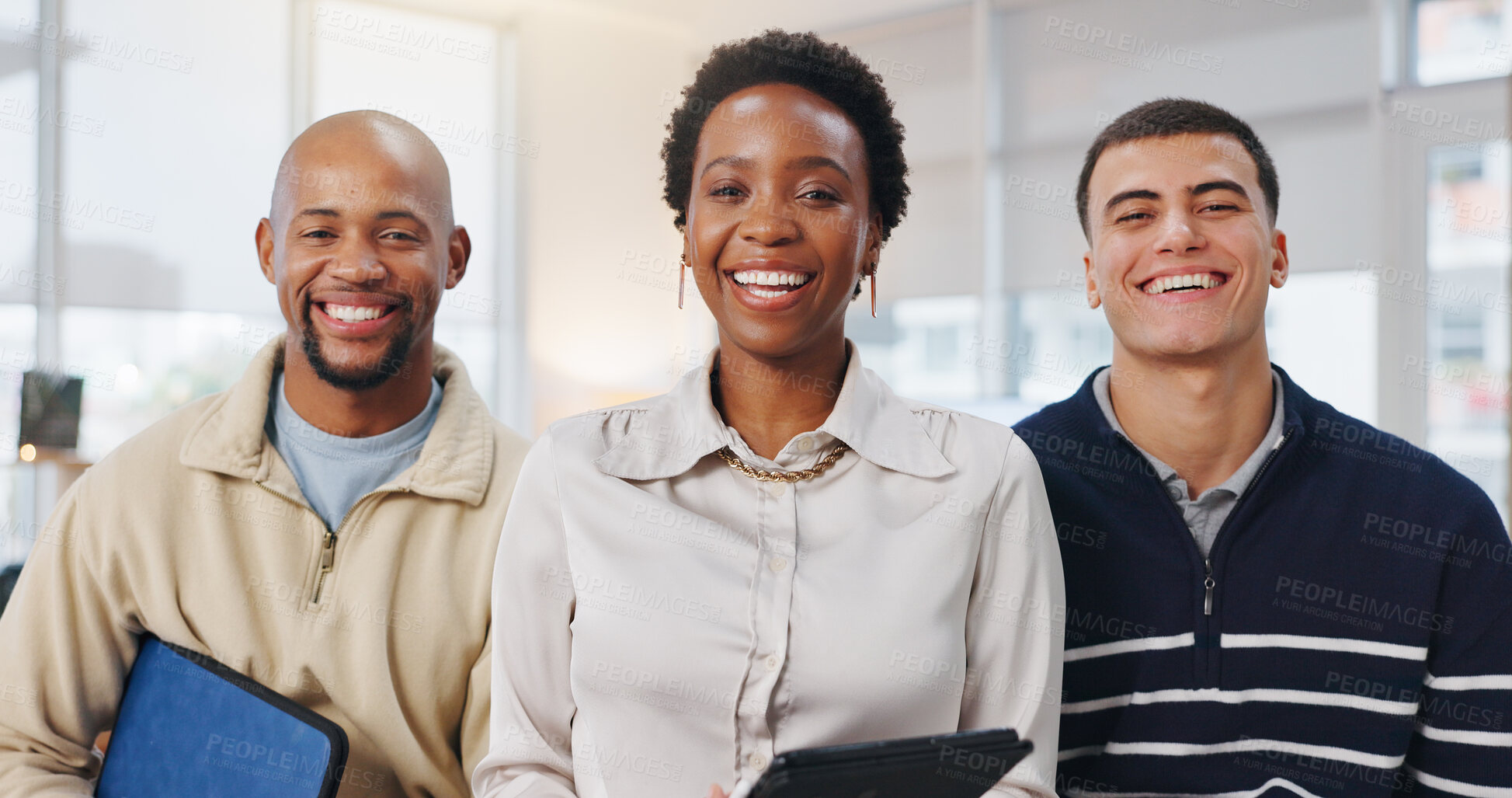 Buy stock photo Creative, portrait and group with tablet in office, laugh and confident for marketing collaboration. Advertising, teamwork and happy people with pride, together and colleagues with tech in company