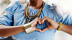 Office, employee and hands with heart shape for support, emoji and gesture for career pride or sign. Business, person and love symbol for job opportunity, trust and positive review at workplace