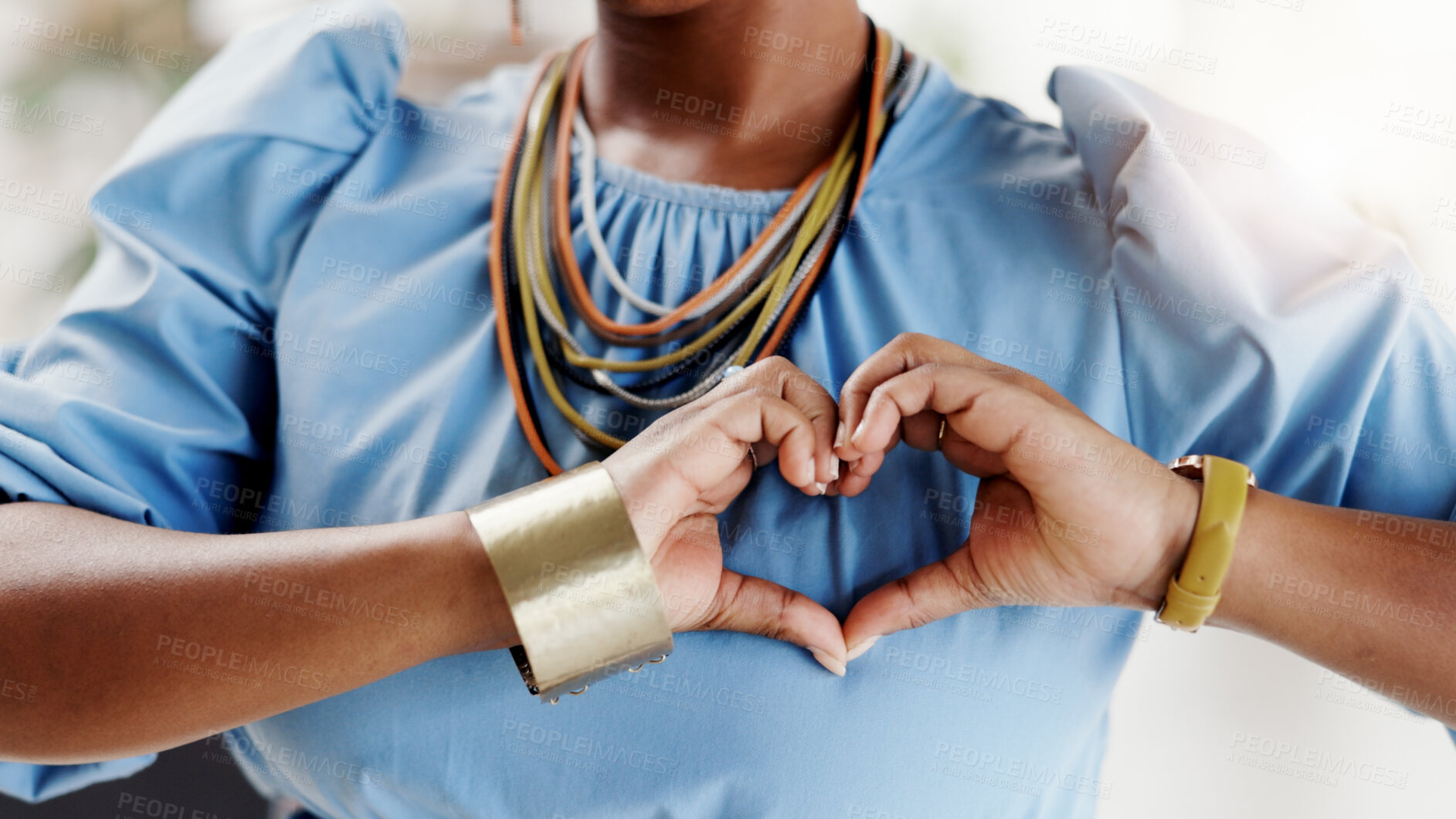 Buy stock photo Office, employee and hands with heart shape for support, emoji and gesture for career pride or sign. Business, person and love symbol for job opportunity, trust and positive review at workplace