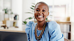 Happy, about us and portrait of black woman in office with confidence for creative career. Professional, startup and African magazine editor with pride for job opportunity or growth in workplace.