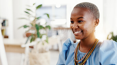 Buy stock photo Ideas, black woman and business with smile in office for reflection, real estate and property plan. Realtor, vision or thinking for building design, resale opportunity and listing solution of auction