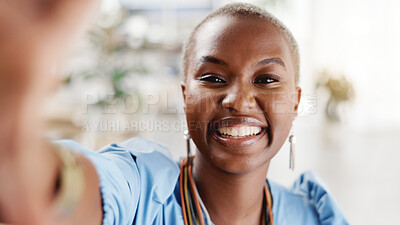 Buy stock photo Office, portrait and businesswoman with smile for selfie, photography or image for social media post. Happy, black person and memory for first day at work, profile picture POV or confident in Nigeria