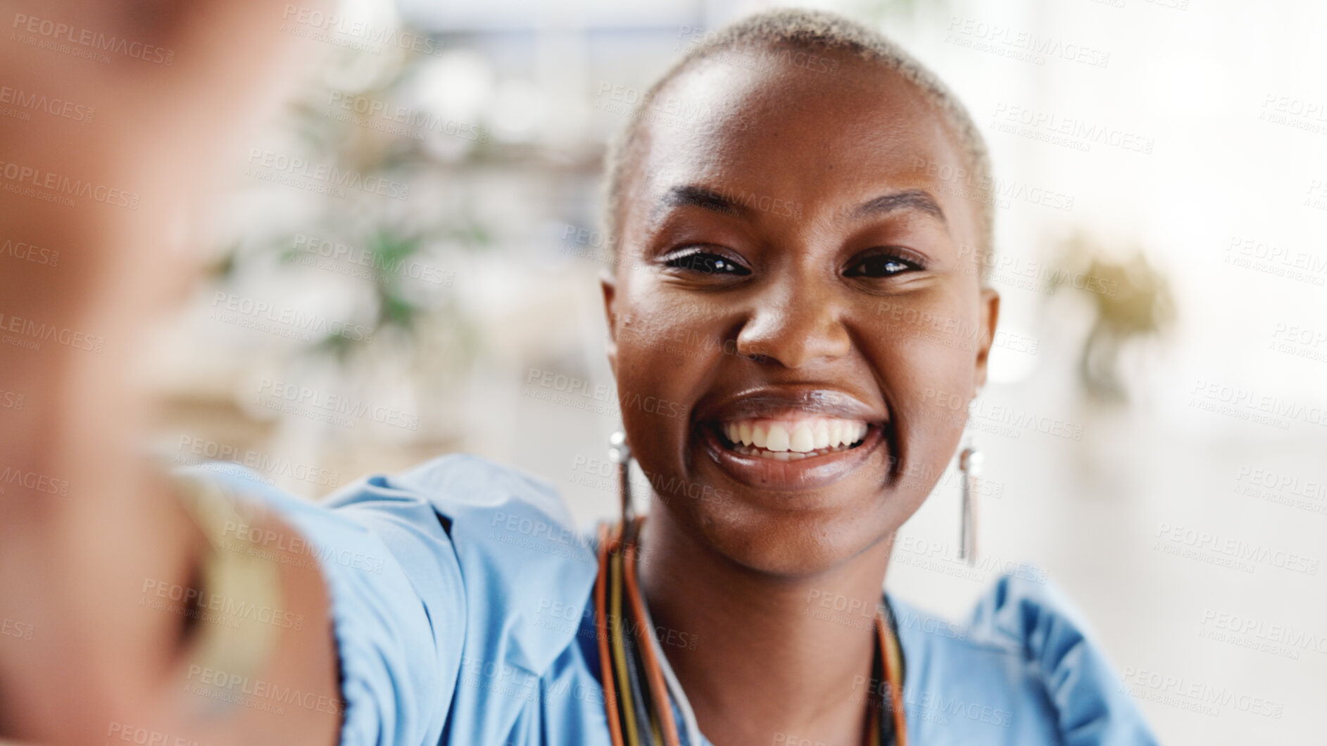 Buy stock photo Office, portrait and businesswoman with smile for selfie, photography or image for social media post. Happy, black person and memory for first day at work, profile picture POV or confident in Nigeria