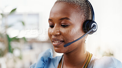 Buy stock photo Call center, chat and happy woman with headset in office, lead generation or discussion with contact. Telemarketing, agent and black person with mic for sales, smile and consultation with technology