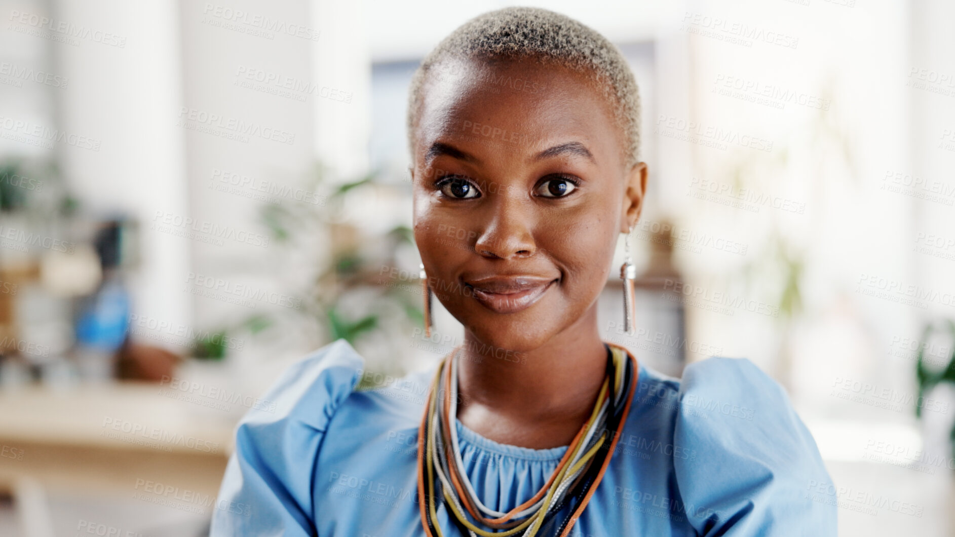 Buy stock photo Smile, professional and portrait of black woman in office with confidence for creative career. About us, startup and African female designer with pride for job opportunity or growth in workplace.