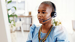 Black woman, headset and computer at office for legal advice with consultation, review or insight. African person, advisor and pc with voip tech, microphone and help desk for service at law agency