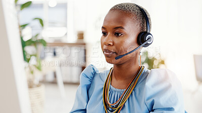 Buy stock photo Black woman, headset and computer at office for legal advice with consultation, review or insight. African person, advisor and pc with voip tech, microphone and help desk for service at law agency