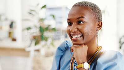 Buy stock photo Thinking, black woman and business with smile in office for reflection, real estate and property plan. Realtor, vision or ideas for building design, resale opportunity and listing solution of auction