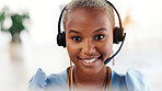 Black woman, smile and headset in portrait at office for customer support at insurance company. African person, broker and advisor with pride, voip mic and happy with help desk at agency in Nigeria